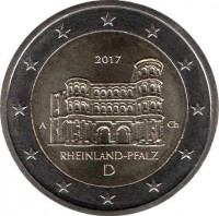 obverse of 2 Euro - State of Rhineland-Palatinate (2017) coin with KM# 356 from Germany. Inscription: 2017 A ch RHEINLAND-PFALZ D