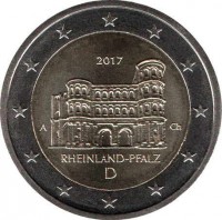 Germany coin 2 Euro - State of Rhineland-Palatinate (2017) obverse obverse of 2 Euro - State of Rhineland-Palatinate (2017) coin with KM# 356 from Germany. Inscription: 2017 A ch RHEINLAND-PFALZ D