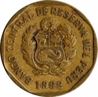 Peru coin 10 Céntimos (1991 - 2015) obverse obverse of 10 Céntimos (1991 - 2015) coin with KM# 305 from Peru. Inscription: BANCO CENTRAL DE RESERVA DEL PERU 2003