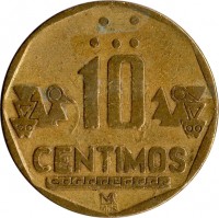 Peru coin 10 Céntimos (1991 - 2015) reverse reverse of 10 Céntimos (1991 - 2015) coin with KM# 305 from Peru. Inscription: 10 CÉNTIMOS LIMA