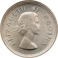 obverse of 1 Shilling - Elizabeth II - 1'st Portrait (1953 - 1960) coin with KM# 49 from South Africa. Inscription: ELIZABETH II REGINA