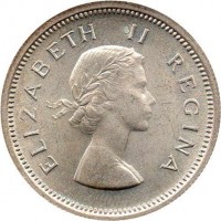 South Africa coin 1 Shilling - Elizabeth II - 1'st Portrait (1953 - 1960) obverse obverse of 1 Shilling - Elizabeth II - 1'st Portrait (1953 - 1960) coin with KM# 49 from South Africa. Inscription: ELIZABETH II REGINA