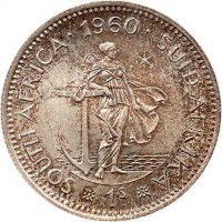 reverse of 1 Shilling - Elizabeth II - 1'st Portrait (1953 - 1960) coin with KM# 49 from South Africa. Inscription: SOUTH AFRICA · 1960 · SUID-AFRIKA 1s
