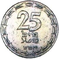 Israel coin 25 Mil (1948 - 1949) reverse reverse of 25 Mil (1948 - 1949) coin with KM# 8 from Israel. Inscription: 25 מיל ٢٥ ملا תש'ט