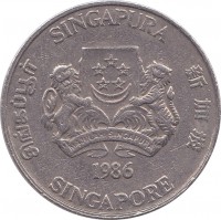 obverse of 20 Cents - Ribbon upwards (1985 - 1991) coin with KM# 52 from Singapore. Inscription: SINGAPURA 新加坡 SINGAPORE சிங்கப்பூர் MAJULAH SINGAPURA 1991