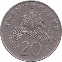 reverse of 20 Cents - Ribbon upwards (1985 - 1991) coin with KM# 52 from Singapore. Inscription: TWENTY CENTS 20