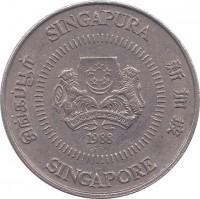 obverse of 10 Cents - Ribbon upwards (1985 - 1991) coin with KM# 51 from Singapore. Inscription: SINGAPURA 新加坡 SINGAPORE சிங்கப்பூர் MAJULAH SINGAPURA 1987