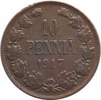 reverse of 10 Penniä - Nicholas II - Civil War Coinage (1917) coin with KM# 18 from Finland. Inscription: 10 PENNIÄ 1917