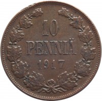 Finland coin 10 Penniä - Nicholas II - Civil War Coinage (1917) reverse reverse of 10 Penniä - Nicholas II - Civil War Coinage (1917) coin with KM# 18 from Finland. Inscription: 10 PENNIÄ 1917