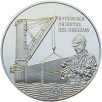 obverse of 1000 Pesos Uruguayos - 100th Anniversary of the National Ports Administration (2016) coin with KM# 144 from Uruguay. Inscription: REPÚBLICA ORIENTAL DEL URUGUAY $ 1.000