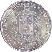obverse of 1 Bolívar (1945) coin with Y# 22a from Venezuela. Inscription: ESTADOS UNIDOS DE VENEZUELA GRAM,5 • 1945 • LEI 835