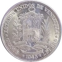 Venezuela coin 1 Bolívar (1945) obverse obverse of 1 Bolívar (1945) coin with Y# 22a from Venezuela. Inscription: ESTADOS UNIDOS DE VENEZUELA GRAM,5 • 1945 • LEI 835