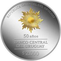 obverse of 2000 Pesos Uruguayos - 50th Anniversary of Banco Central del Uruguay (2017) coin with KM# 146 from Uruguay. Inscription: REPÚBLICA ORIENTAL DEL URUGUAY 50 AÑOS BANCO CENTRAL DEL URUGUAY $ 2.000