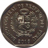 obverse of 1 Nuevo Sol - 2'nd Type (2012 - 2015) coin with KM# 366 from Peru. Inscription: BANCO CENTRAL DE RESERVA DEL PERÚ 2016