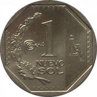 reverse of 1 Nuevo Sol - 2'nd Type (2012 - 2015) coin with KM# 366 from Peru. Inscription: 1 NUEVO SOL