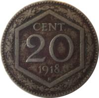 reverse of 20 Centesimi - Vittorio Emanuele III (1918 - 1920) coin with KM# 58 from Italy. Inscription: CENT. 20 1918 R