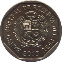 Peru coin 1 Sol - Wealth and Pride of Peru: Shipibo-Conibo Ceramica (2016) obverse obverse of 1 Sol - Wealth and Pride of Peru: Shipibo-Conibo Ceramica (2016) coin with UC# 108 from Peru. Inscription: BANCO CENTRAL DE RESERVA DEL PERÚ 2016