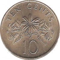 Singapore coin 10 Cents - Ribbon downwards (1992 - 2012) reverse reverse of 10 Cents - Ribbon downwards (1992 - 2012) coin with KM# 100 from Singapore. Inscription: TEN CENTS 10