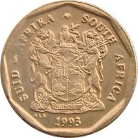 South Africa coin 50 Cents - SUID-AFRIKA - SOUTH AFRICA (1990 - 1995) obverse obverse of 50 Cents - SUID-AFRIKA - SOUTH AFRICA (1990 - 1995) coin with KM# 137 from South Africa. Inscription: SUID-AFRIKA · SOUTH AFRICA EX UNITATE VIRES 1994 ALS