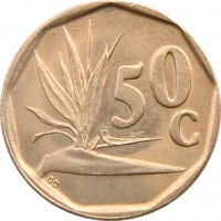 South Africa coin 50 Cents - SUID-AFRIKA - SOUTH AFRICA (1990 - 1995) reverse reverse of 50 Cents - SUID-AFRIKA - SOUTH AFRICA (1990 - 1995) coin with KM# 137 from South Africa. Inscription: 50c GC
