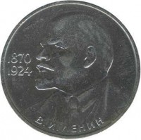 reverse of 1 Ruble - 115th Anniversary of the Birth of Vladimir Ilyich Lenin (1985 - 1988) coin with Y# 197 from Soviet Union (USSR). Inscription: 1870 1924 В.И. ЛЕНИН