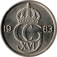 Sweden coin 25 Öre - Carl XVI Gustaf (1976 - 1984) obverse obverse of 25 Öre - Carl XVI Gustaf (1976 - 1984) coin with KM# 851 from Sweden. Inscription: CG XVI 1981