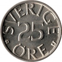 Sweden coin 25 Öre - Carl XVI Gustaf (1976 - 1984) reverse reverse of 25 Öre - Carl XVI Gustaf (1976 - 1984) coin with KM# 851 from Sweden. Inscription: SVERIGE 25 ØRE U