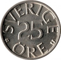 reverse of 25 Öre - Carl XVI Gustaf (1976 - 1984) coin with KM# 851 from Sweden. Inscription: SVERIGE 25 ØRE U