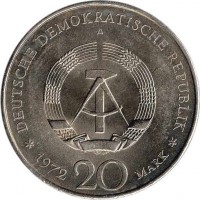 obverse of 20 Mark - Friedrich von Schiller (1972) coin with KM# 40 from Germany. Inscription: DEUTSCHE DEMOKRATISCHE REPUBLIK 1972 20 MARK