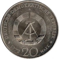 Germany coin 20 Mark - Friedrich von Schiller (1972) obverse obverse of 20 Mark - Friedrich von Schiller (1972) coin with KM# 40 from Germany. Inscription: DEUTSCHE DEMOKRATISCHE REPUBLIK 1972 20 MARK