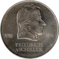 reverse of 20 Mark - Friedrich von Schiller (1972) coin with KM# 40 from Germany. Inscription: 1759 1805 FRIEDRICH v. SCHILLER