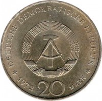 obverse of 20 Mark - Wilhelm Pieck (1972) coin with KM# 42 from Germany. Inscription: DEUTSCHE DEMOKRATISCHE REPUBLIK A 1972 20 MARK