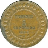 Tunisia coin 5 Centimes - Muhammad IV al-Hadi (1903 - 1904) reverse reverse of 5 Centimes - Muhammad IV al-Hadi (1903 - 1904) coin with KM# 228 from Tunisia. Inscription: TUNISIE 5 CENTIMES 1903 A