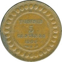 reverse of 5 Centimes - Muhammad IV al-Hadi (1903 - 1904) coin with KM# 228 from Tunisia. Inscription: TUNISIE 5 CENTIMES 1903 A