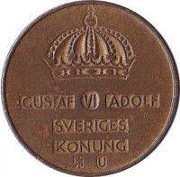 obverse of 5 Öre - Gustaf VI Adolf (1952 - 1971) coin with KM# 822 from Sweden. Inscription: GUSTAF VI ADOLF SVERIGES KONUNG TS