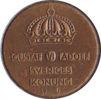 Sweden coin 5 Öre - Gustaf VI Adolf (1952 - 1971) obverse obverse of 5 Öre - Gustaf VI Adolf (1952 - 1971) coin with KM# 822 from Sweden. Inscription: GUSTAF VI ADOLF SVERIGES KONUNG TS