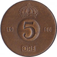 reverse of 5 Öre - Gustaf VI Adolf (1952 - 1971) coin with KM# 822 from Sweden. Inscription: 5 ØRE 1952