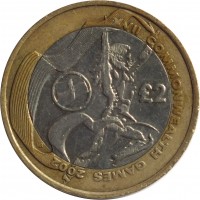 United Kingdom coin 2 Pounds - Elizabeth II - XVII Commonwealth Games Manchester 2002: Games in England - 4'th Portrait (2002) reverse reverse of 2 Pounds - Elizabeth II - XVII Commonwealth Games Manchester 2002: Games in England - 4'th Portrait (2002) coin with KM# 1031 from United Kingdom. Inscription: XVII COMMONWEALTH GAMES 2002