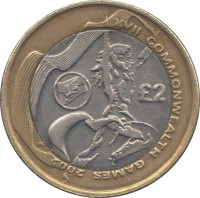 reverse of 2 Pounds - Elizabeth II - XVII Commonwealth Games Manchester 2002: Games in Wales - 4'th Portrait (2002) coin with KM# 1033 from United Kingdom. Inscription: £2 XVII COMMONWEALTH GAMES