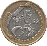 United Kingdom coin 2 Pounds - Elizabeth II - XVII Commonwealth Games Manchester 2002: Games in Wales - 4'th Portrait (2002) reverse reverse of 2 Pounds - Elizabeth II - XVII Commonwealth Games Manchester 2002: Games in Wales - 4'th Portrait (2002) coin with KM# 1033 from United Kingdom. Inscription: £2 XVII COMMONWEALTH GAMES