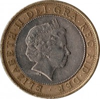 obverse of 2 Pounds - Elizabeth II - XVII Commonwealth Games Manchester 2002: Games in Scotland - 4'th Portrait (2002) coin with KM# 1032 from United Kingdom. Inscription: · ELIZABETH · II · DEI · GRA · REG · FID · DEF IRB