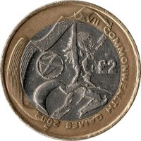 United Kingdom coin 2 Pounds - Elizabeth II - XVII Commonwealth Games Manchester 2002: Games in Scotland - 4'th Portrait (2002) reverse reverse of 2 Pounds - Elizabeth II - XVII Commonwealth Games Manchester 2002: Games in Scotland - 4'th Portrait (2002) coin with KM# 1032 from United Kingdom. Inscription: £2 XVII COMMONWEALTH GAMES