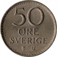 reverse of 50 Öre - Gustaf VI Adolf (1962 - 1973) coin with KM# 837 from Sweden. Inscription: 50 ØRE SVERIGE U