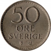 Sweden coin 50 Öre - Gustaf VI Adolf (1962 - 1973) reverse reverse of 50 Öre - Gustaf VI Adolf (1962 - 1973) coin with KM# 837 from Sweden. Inscription: 50 ØRE SVERIGE U