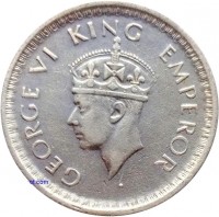 India coin 1/2 Rupee - George VI (1942 - 1945) obverse obverse of 1/2 Rupee - George VI (1942 - 1945) coin with KM# 552 from India. Inscription: GEORGE VI KING EMPEROR