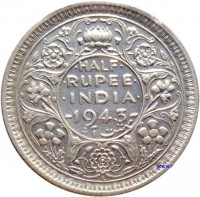 India coin 1/2 Rupee - George VI (1942 - 1945) reverse reverse of 1/2 Rupee - George VI (1942 - 1945) coin with KM# 552 from India. Inscription: HALF RUPEE INDIA 1945 هشت آنہ