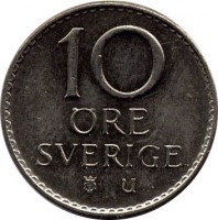 Sweden coin 10 Öre - Gustaf VI Adolf (1962 - 1973) reverse reverse of 10 Öre - Gustaf VI Adolf (1962 - 1973) coin with KM# 835 from Sweden. Inscription: 10 ØRE SVERIGE u