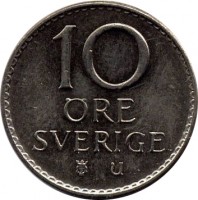 reverse of 10 Öre - Gustaf VI Adolf (1962 - 1973) coin with KM# 835 from Sweden. Inscription: 10 ØRE SVERIGE u