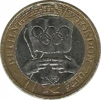 United Kingdom coin 2 Pounds - Elizabeth II - Olympic Games Handover Ceremony 2008 - 4'th Portrait (2008) reverse reverse of 2 Pounds - Elizabeth II - Olympic Games Handover Ceremony 2008 - 4'th Portrait (2008) coin with KM# 1106 from United Kingdom. Inscription: BEIJING 2008 LONDON 2012