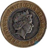 obverse of 2 Pounds - Elizabeth II - 200th Anniversary of the Steam Locomotive - 4'th Portrait (2004) coin with KM# 1049 from United Kingdom. Inscription: ELIZABETH · II · DEI · GRA · REG · FID · DEF · IRB